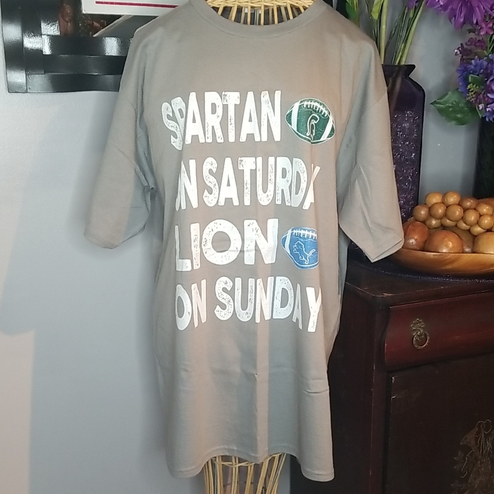 Port & Company Large Gray "Spartan On Saturday Lion On Sunday" Cotton T-shirt